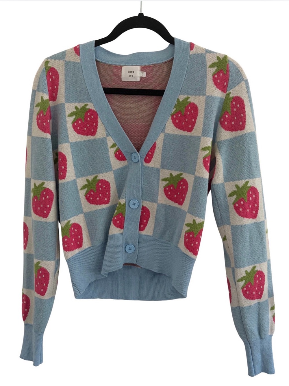 Luna Sky Blue Strawberry V-Neck Cardigan Sweater